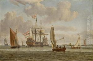 Un Vaisseau Entoure De Voiliers, La Cote A L'arriere-plan by Abraham Storck