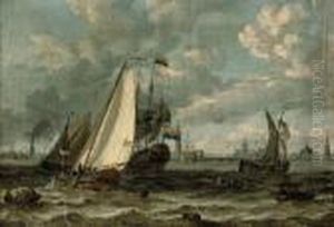 A Dutch Man-o'war And Other Shipping On A Blustery Day by Abraham Storck