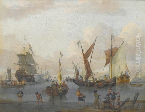 Figures Loading Barges With Shipping At Anchorbeyond - view 1