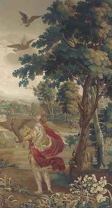 A classical landscape with figures hawking