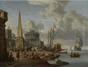 A Fortified Mediterranean Port With An Obelisk And A Galley Moorednearby