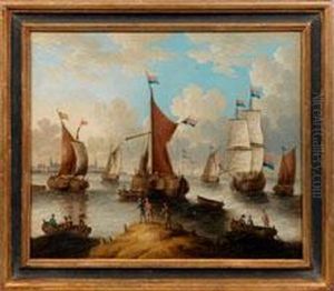 Paar Hollandische Hafenansichten Mit Segelschiffen Und Booten by Abraham Storck