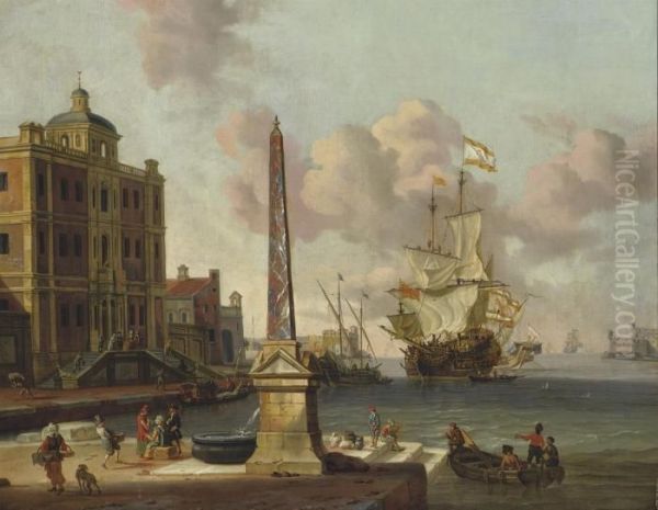 A Mediterranean Harbour With A Man O'war Approaching - view 1