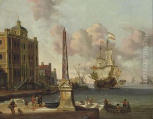 A Mediterranean Harbour With A Man O'war Approaching by Abraham Storck