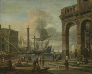 A Mediterranean Harbour Capriccio With Figures Unloading Cargo In The Foreground