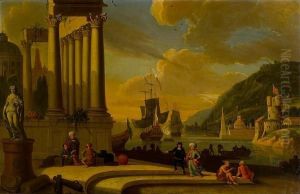 A Mediterranean Harbour, With 
Stevedoresresting Before Ruins And Elegant Figures On The Quay