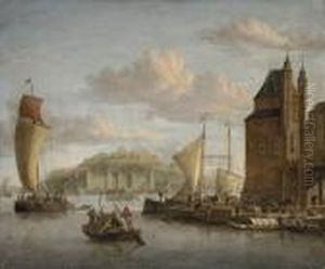 The Fortress Of Elsinore From
The Harbour With Merchantmen, Figuresand Barges At The Quayside by Abraham Storck