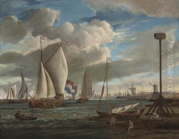 A View Of Amsterdam Harbour, With Yachts And Fishing Boats, Andbathers - view 1