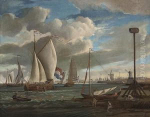 A View Of Amsterdam Harbour, With Yachts And Fishing Boats, Andbathers by Abraham Storck