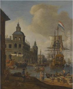 A Capriccio View Of A
Mediterranean Harbour With A Dutch Merchantship, Elegant Figures On The
Quay And Men Unloading Their Ware Inthe Foreground by Abraham Storck