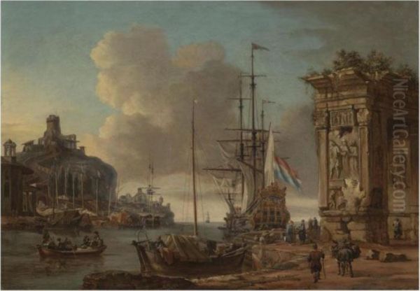 A Mediterranean Harbour Scene
With A Dutch Man O' War At Anchor,with Orientals Conversing In The
Foreground Beneath A Romantriumphal Arch - view 1