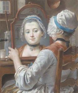 A girl wearing a bonnet, looking at herself in a mirror A girl wearing a bonnet, looking at herself in a mirror