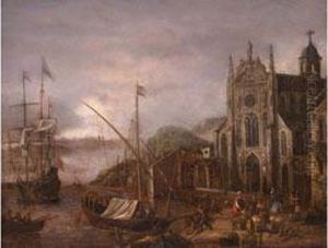 Uferlandschaft Mit Gotischer Kathedrale Und Anliegenden Schiffen by Abraham Storck