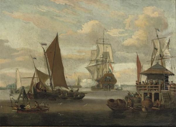A View Of The Ij, Amsterdam,
With Spectators On The Jetty Of A'boomhuisje' Watching A Man-o'-war
Firing A Salute And Fishermenlanding Lobster Pots - view 1