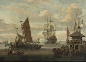 A View Of The Ij, Amsterdam, 
With Spectators On The Jetty Of A'boomhuisje' Watching A Man-o'-war 
Firing A Salute And Fishermenlanding Lobster Pots by Abraham Storck