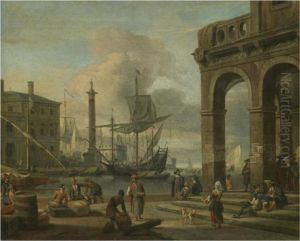 A Mediterranean Harbour Capriccio With Figures Unloading Cargo Inthe Foreground by Abraham Storck