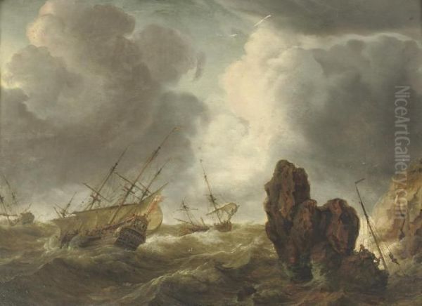 Shipping In Stormy Waters Near A Rocky Coast - view 1