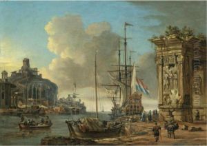A Mediterranean Harbour Scene
With A Dutch Man O' War At Anchor, With Orientals Conversing In The
Foreground Beneath A Roman Triumphal Arch by Abraham Storck