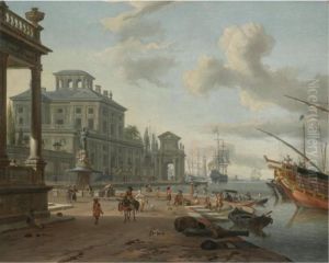 A Capriccio View Of An
Italianate Harbour With Figures On The Quay Beneath Classical Buildings by Abraham Storck