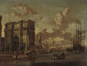A Capriccio Of A Mediterranean
Harbour With The Arch Of Constantine And A Dutch Man O'war And Other
Shipping by Abraham Storck