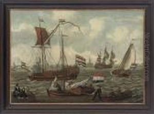 A Dutch Man-o'war Signalling Its Departure With Other Shipping In Choppy Seas by Abraham Storck