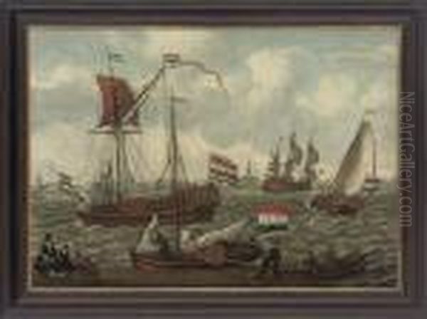 A Dutch Man-o'war Signalling Its Departure With Other Shipping Inchoppy Seas - view 1