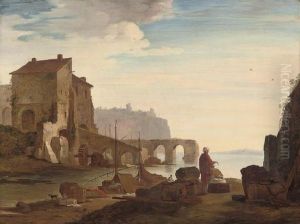 A Mediterranean Harbour With Elegant Figures By A Quay, A Village Beyond