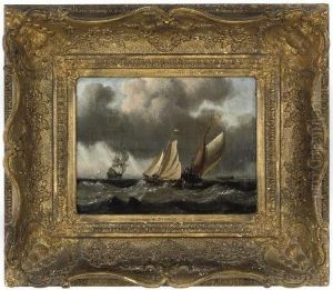 Fishing Boats In A Swell, A Dutch Man O'war Beyond by Abraham Storck