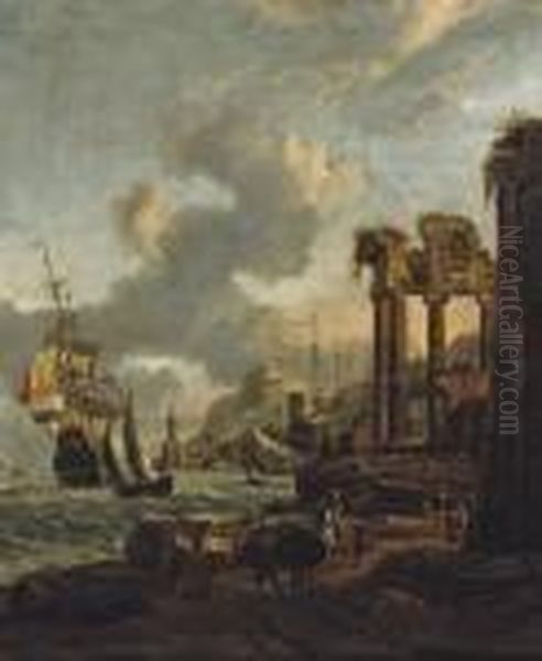 A 'capriccio' View Of A
Mediterranean Harbour With A Man O' War Bearing The Coat-of-arms Of
Amsterdam - view 1