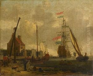 A Dutch Man O'war And Other
Vessels Off A Fortified Harbour With Canon And Soldiers On The Quayside
In The Foreground by Abraham Storck