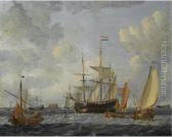 A Dutch Merchant Ship And Other Shipping In Choppy Waters, In Front Of A Dutch Coast - view 1