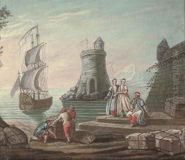 A Mediterranean Harbour With
Elegant Figures And Fishermen By The Quay, A Ship And A Lighthouse
Beyond - view 1
