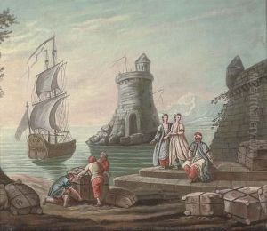 A Mediterranean Harbour With 
Elegant Figures And Fishermen By The Quay, A Ship And A Lighthouse 
Beyond