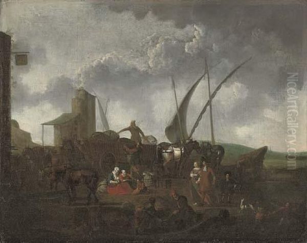 A Mediterranean Harbour With Stevedores Unloading And Elegant Company - view 1