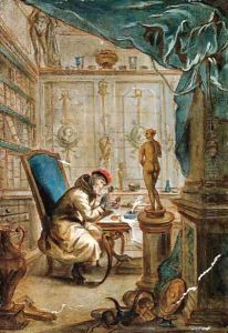 A Monkey studying at a desk in a library by French School