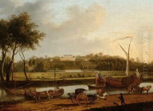 A View Of People Along A Canal With A Country Manor In The Background
