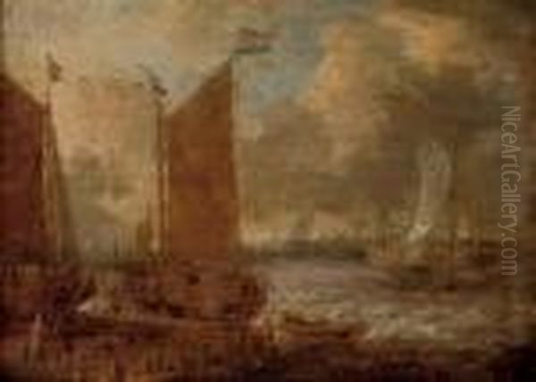 A Harbour Scene With Shipping And Steverdores On The Quay - view 1