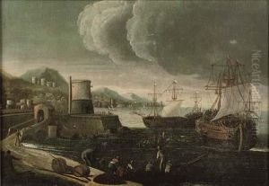 A Mediterranean Harbour With Stevedores On The Quay