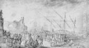Sudlicher Seehafen Mit Reicher Figurenstaffage. by Abraham Storck