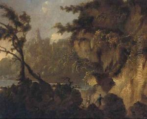 A mountainous landscape with two soldiers by French School