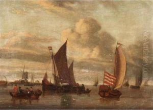 Estuary Scene With Dutch Shipping In The Foreground, A Town Beyond by Abraham Storck