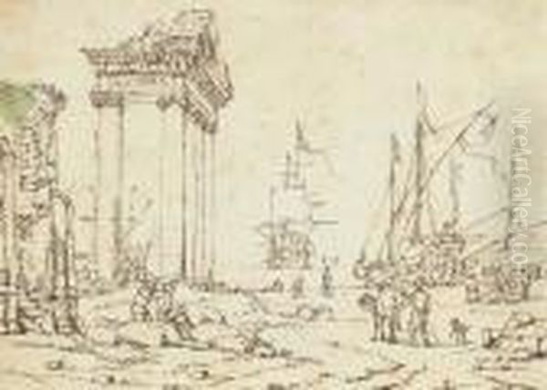 Figures Among Classical Ruins, Ships In A Port Seen Beyond - view 1
