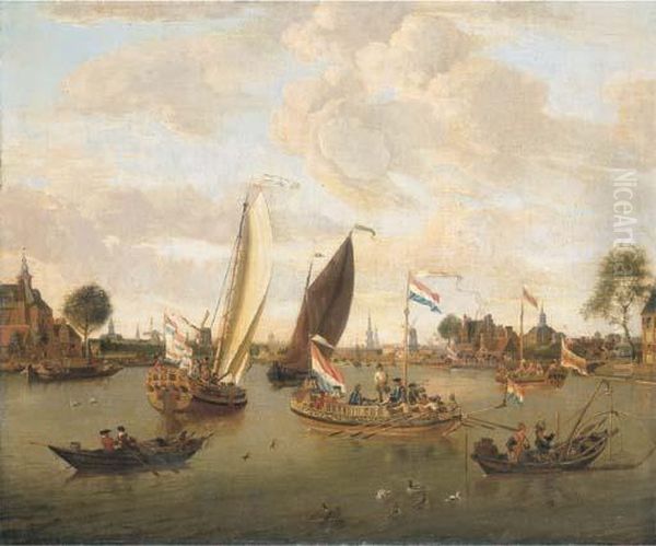 A View Of Amsterdam With The
Trekschuit And Smalschips On The Riverbuiten-amstel Near The Hooge Sluis
With Elegant Figures, Carriagesand Townsfolk Along The Bank, The Towers
Of The Zuiderkerk And Theoude Kerk Beyond - view 1