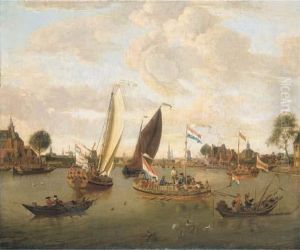 A View Of Amsterdam With The
Trekschuit And Smalschips On The Riverbuiten-amstel Near The Hooge Sluis
With Elegant Figures, Carriagesand Townsfolk Along The Bank, The Towers
Of The Zuiderkerk And Theoude Kerk Beyond by Abraham Storck
