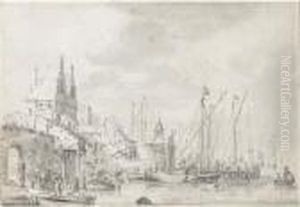 A Busy Harbour With Figure Loading A Small Boat by Abraham Storck