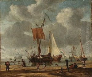 A Coastal Landscape With Pinks, A
State Barge And A Man O'war In A Calm, With Elegant Figures And
Fishermen On The Shore A Coastal Landscape With Pinks, A
State Barge And A Man O'war In A Calm, With Elegant Figures And
Fishermen On The Shore