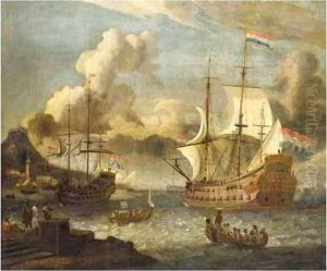 A Mediterranean Port Scene With Two Dutch Vessels At Anchor by Abraham Storck