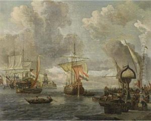 A View Of A Dutch Harbour On The
Zuiderzee With A Buis, A Merchantman And Other Boats, Together With
Merchants Unloading Their Goods by Abraham Storck