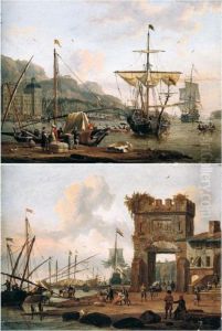 A Mediterranean Port Scene With Figures Unloading Their Boat, Other Vessels Beyond by Abraham Storck