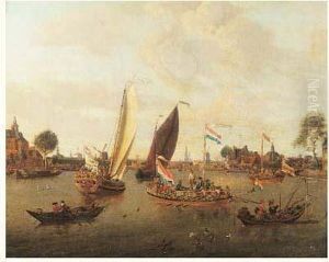 Bateaux Officiels Sur L'amstel Pres De Hoogesluis by Abraham Storck